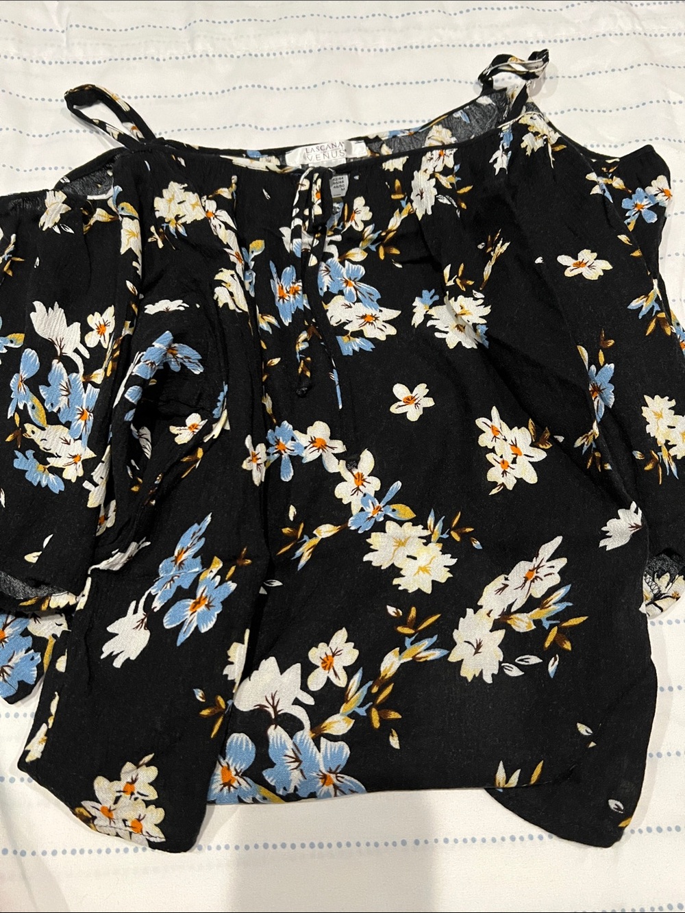 VENUS Black Floral Cold-Shoulder Blouse with Blue & White Flowers